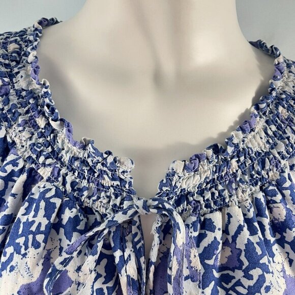 C & C California Linen Blend Top Blue Floral Peasant Blouse Shirt Size Large - Picture 7 of 13